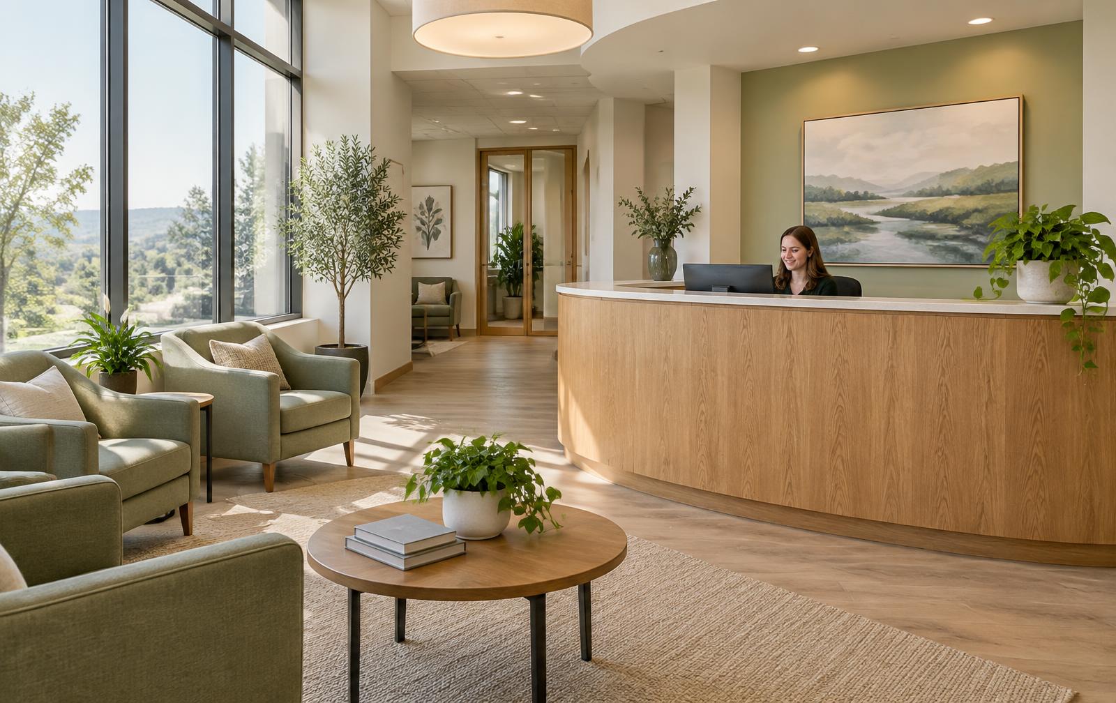 Sunlit reception area of a Pennsylvania outpatient mental health clinic